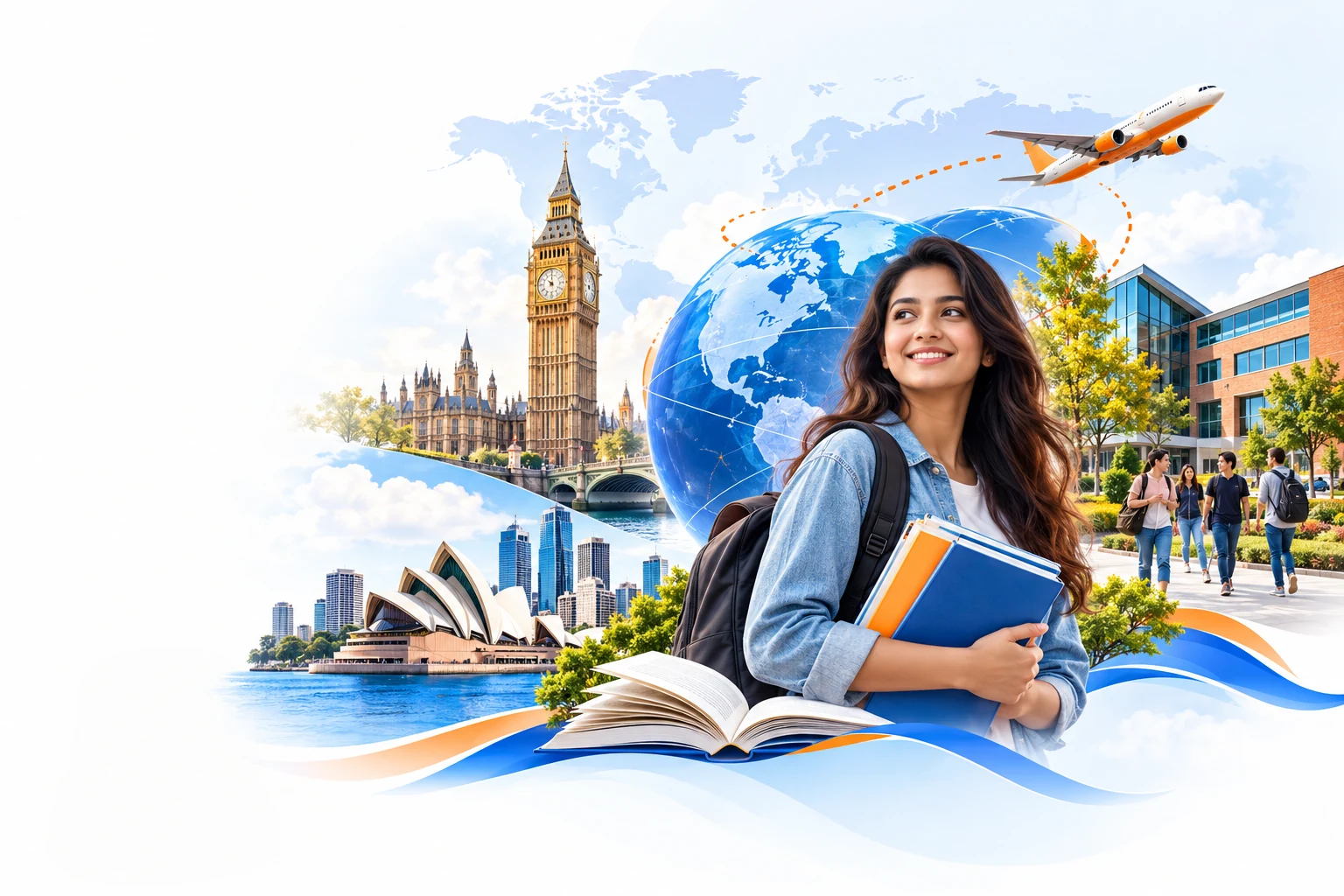 Inspirational international education collage with a student, globe, airplane, London and Sydney landmarks, and a university campus
